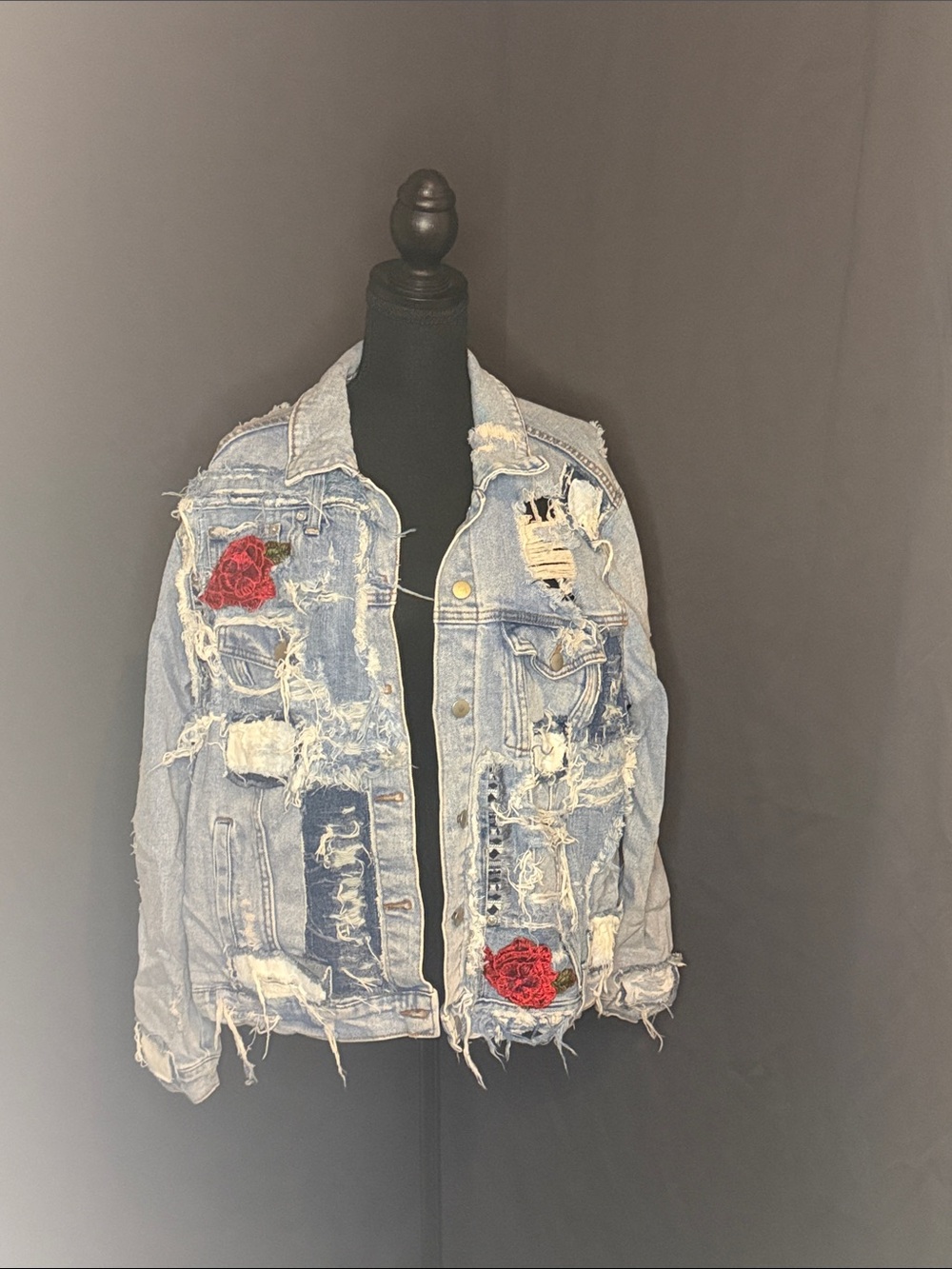 Vintage Light Blue Distressed Jean Jacket with Red Rose Patches
